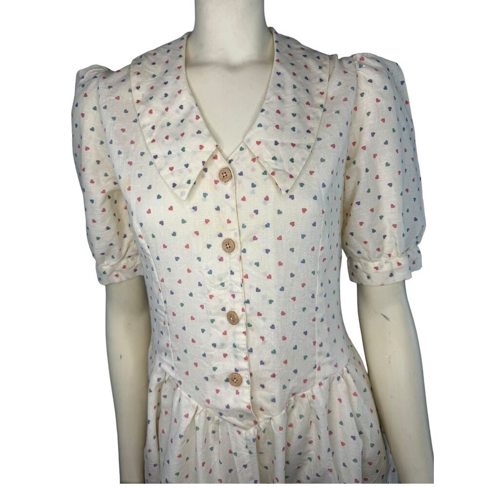 1980s Heart Print Shirtwaist Midi Dress Cream Puff Sleeve Cottagecore S/M
